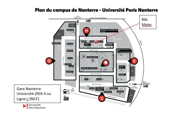 Plan du campus : On accède au bâtiment Maier par l’allée des sports, au fond du campus.